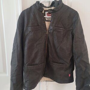 Levi's Small Black Faux Leather Hooded Tan Sherpa Lined Moto Jacket Size Small